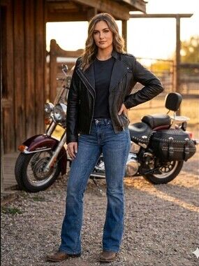 NWT Black Leather Moto Jacket Classic Biker Style Decrum L/XL*